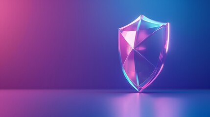 Futuristic transparent shield with neon lighting on a gradient background, symbolizing cyber security and protection in a digital age.
