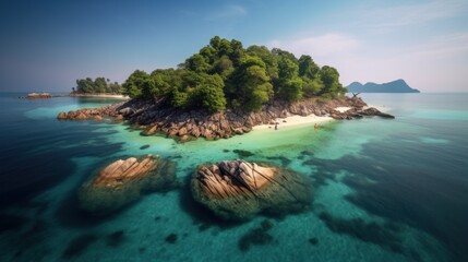 Fototapeta premium A beautiful small island with white sandy beaches, surrounded by clear light blue and green sea water