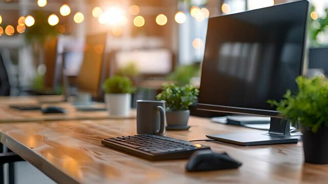 Modern office desk workplace computer space plants bright room startup work perfect environment simple room individual workplace green sustainable corporate creative furniture business motivation