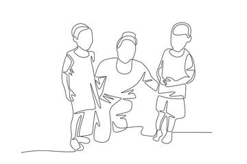Volunteer with African children. Community care concept one-line drawing