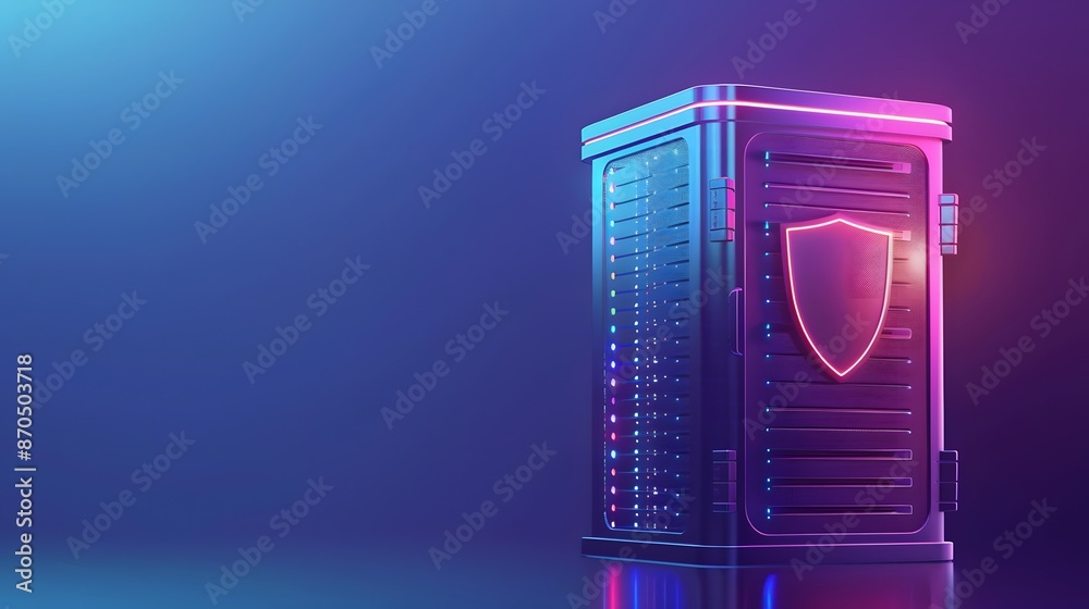Poster modern data server with security shield for cybersecurity and data protection, illuminated in blue a