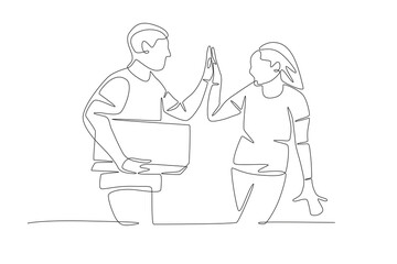 Volunteers working together to collect donations. Community care concept one-line drawing