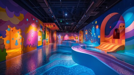 Design of bright rooms for children's entertainment with a swimming pool, interactive exhibitions and activities for children.