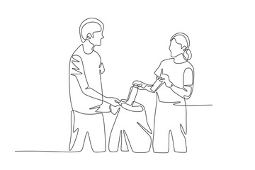 Volunteers working together to clean up trash. Community care concept one-line drawing