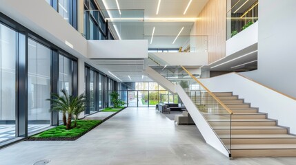 interior of modern entrance hall in modern office building --ar 16:9 Job ID: e53e953f-ebed-46f3-8a83-5eb8dd51984d
