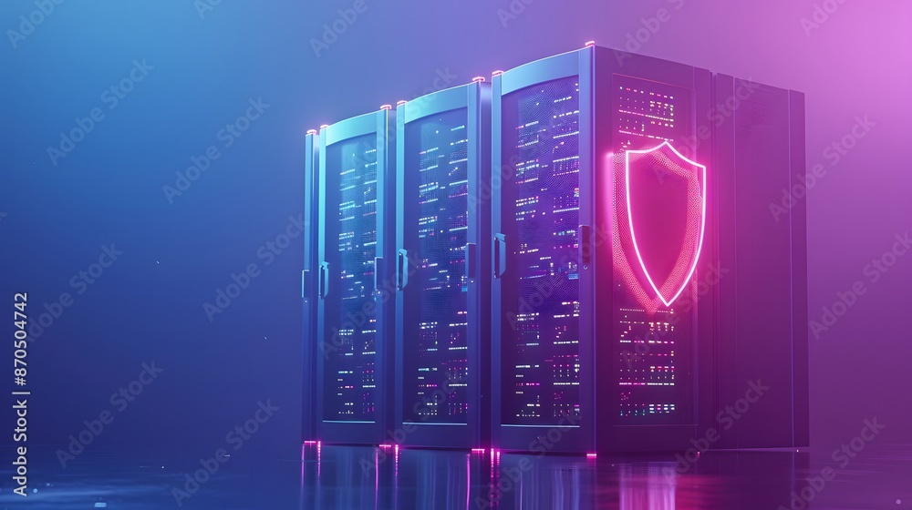 Poster neon-lit server racks with a glowing shield symbol representing cyber protection and data security i
