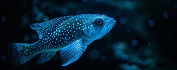 Fototapeta premium Spotted fish swimming underwater with bokeh effect, close-up view. Marine life and oceanic wildlife concept