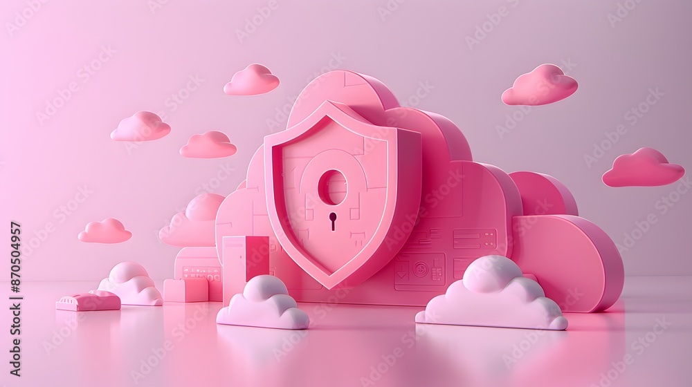 Poster pink cloud security concept with a lock symbol, representing data protection in cloud computing and 