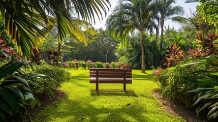 Wooden bench in tropical garden basked in morning sunlight