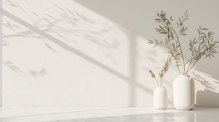 Fototapeta premium Minimalist interior design featuring a white room with potted plants, emphasizing simplicity, elegance, and natural decor.