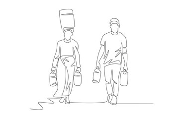 Volunteers who help residents carry water. Community care concept one-line drawing