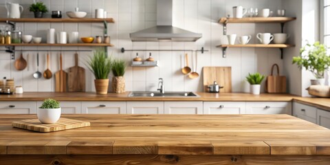 Wooden tabletop and stand for product display in a stylish kitchen setting, kitchen, interior, background, display, wooden, tabletop