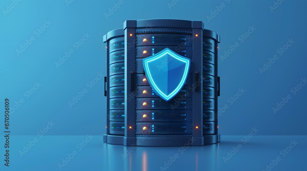 Poster secure data server with digital shield, representing data protection, network security, and cybersec