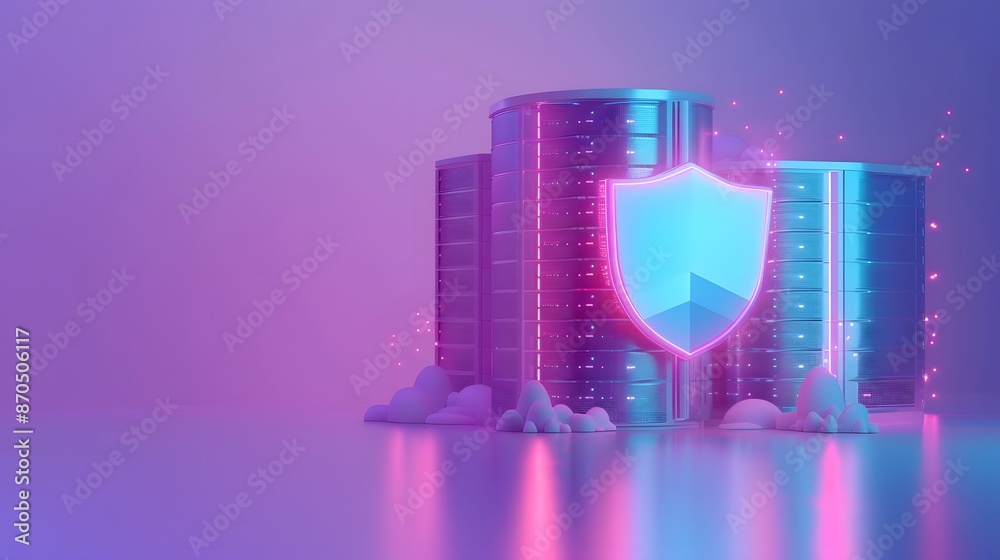 Poster secure data storage concept with glowing servers and shield protecting cloud database. cybersecurity