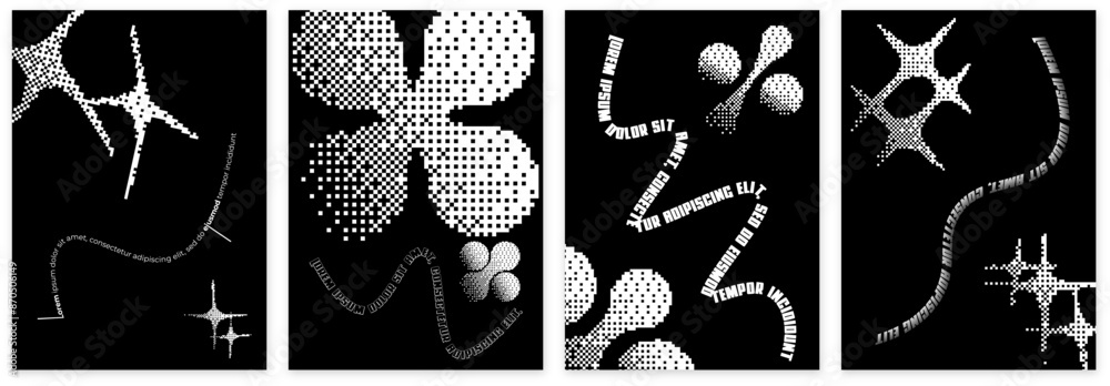 Aufkleber Monochrome retro Y2K brutal posters with abstract vector bitmap effect that imitates pixels. Y2K modern graphic elements and geometric shapes. Vector EPS 10
