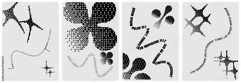 Poster Monochrome retro Y2K brutal posters with abstract vector bitmap effect that imitates pixels. Y2K modern graphic elements and geometric shapes. Vector EPS 10