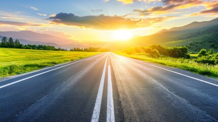 Fototapeta premium Golden hour sunrise over scenic mountain highway