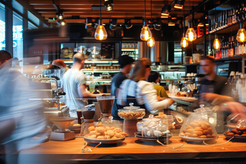 Busy Cafe Scene Capturing the Hustle and Bustle of Customers and Staff Interacting Amidst Modern Decor and Warm Lighting
