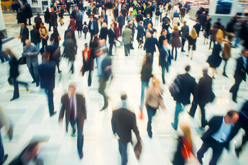 Busy Crowd Walking Through an Intersection in a Large Indoor Public Space Representing Movement and Urban Life