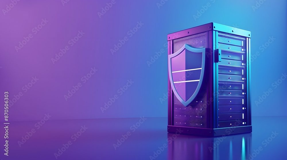 Poster secure server rack with a shield symbol, representing data protection and cybersecurity in a futuris