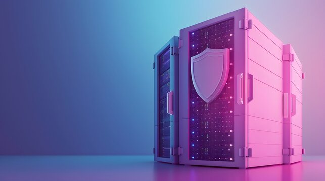 Secure server racks with shield icon, representing data protection and cybersecurity in a modern, vibrant setting.