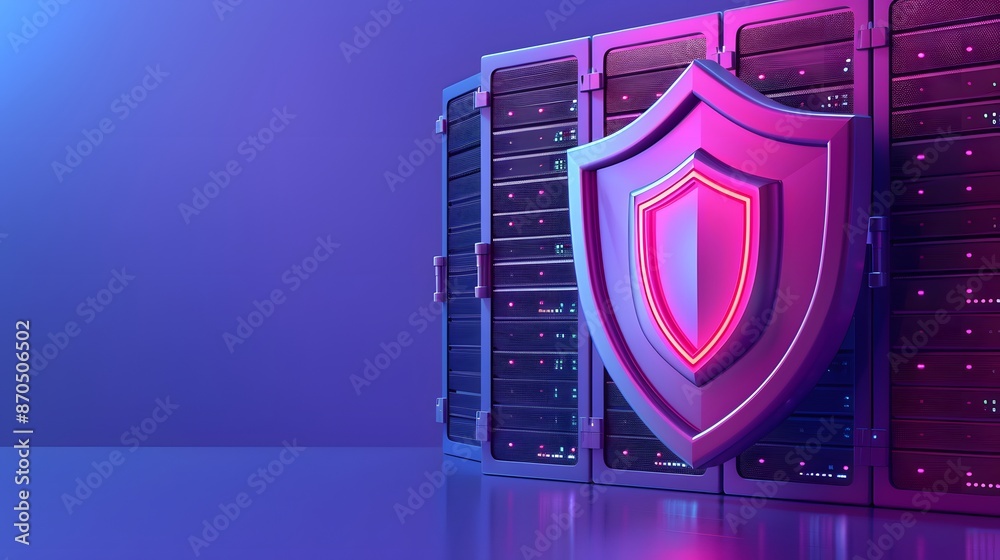 Poster secure server storage with a digital shield representing data protection and cybersecurity in a mode