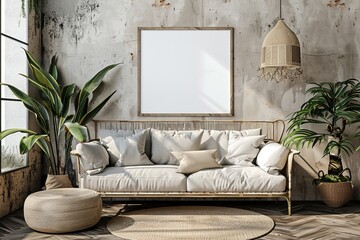 Frame mockup, ISO A paper size. Living room wall poster mockup. Interior mockup with house background. Modern interior design. 3D render, Generative AI