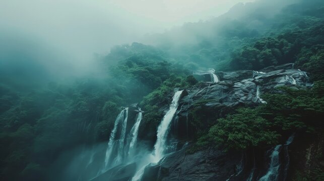 Waterfalls cascade down a misty, forested mountainside