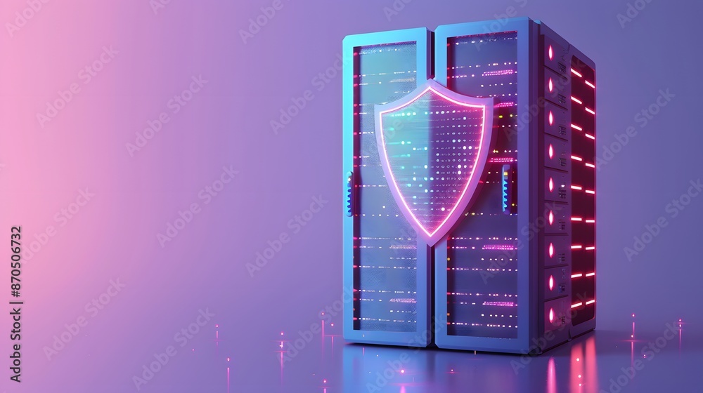 Poster secure server with a neon shield symbolizing data protection and cybersecurity in a modern technolog