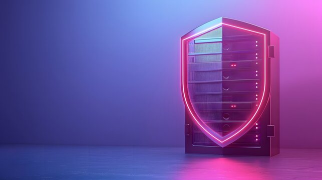 Secure server with neon lights in a dark room, representing online data protection and cybersecurity with a modern shield design.