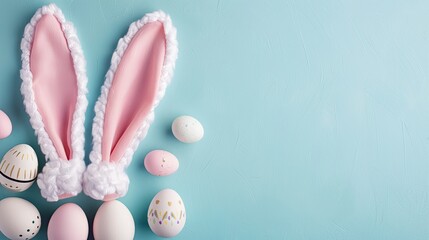 easter bunny ears white eggs on isolated pastel background with copyspace