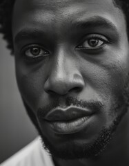 wallpaper, high texture quality photo of black man, staring at camera, extreme close-up, black and white