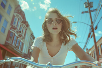 Wide angle shot of a young woman riding her vintage bike through town