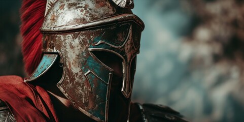 Medieval spartan warrior in helmet standing in front of the gloomy clouds