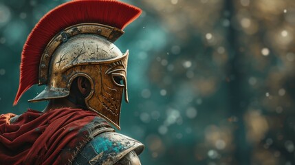 Medieval spartan warrior in helmet standing in front of the gloomy clouds