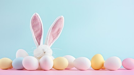 easter bunny ears white eggs on isolated pastel background with copyspace