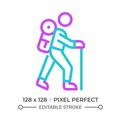 Hiking two color line icon. Outdoor activity. Adventure and physical fitness. Exploration and nature bicolor outline symbol. Duotone linear pictogram. Isolated illustration. Editable stroke