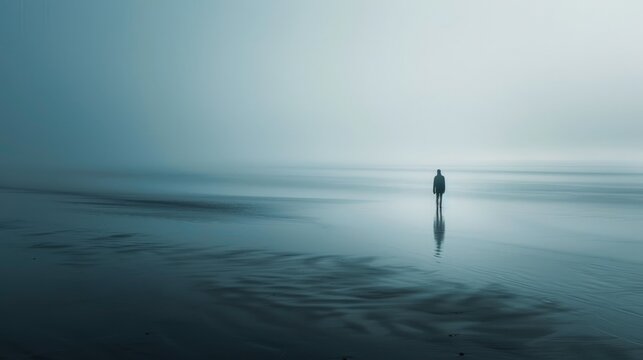 A lone figure walks on a misty beach, their silhouette reflected in the calm water. The image evokes a sense of solitude and mystery. - Powered by Adobe