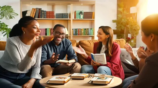 Capture the vibrant atmosphere of a book club meeting, where members gather to discuss and share their thoughts on the latest literary finds