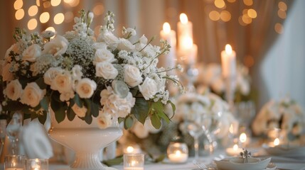 A table is set with white flowers and candles, creating a warm