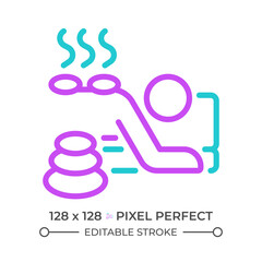 Stone massage two color line icon. Relaxation and wellness. Pampering. Therapeutic spa treatments bicolor outline symbol. Duotone linear pictogram. Isolated illustration. Editable stroke