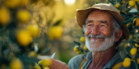 Elderly farmer smiling in a lush olive grove with ripe yellow olives. agriculture, farming, happy senior man, harvesting, rural lifestyle, organic farming, Mediterranean farming scene.
