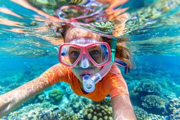 Naklejka premium Underwater selfie of a woman snorkeling in tropical waters