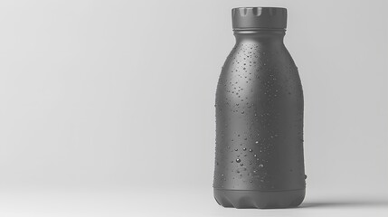 1. A minimalist image with a white background featuring a sleek black water bottle, positioned upright in the center