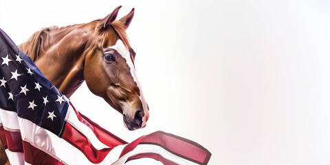 Celebrate Memorial Day, Independence Day! Banner with Copy Space, USA American Flag and horse, blue green background