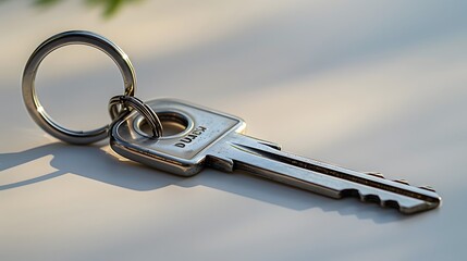 23. A minimalist image with a white background featuring a basic metal keychain, lying flat in the center
