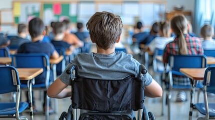 disabled schoolboy in wheelchair studying in elementary school with diverse group of children