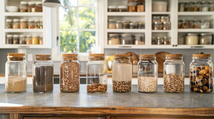A clean and organized kitchen counter with jars of whole grains, nuts, and seeds, promoting the importance of a balanced diet and nutritious food choices for overall health