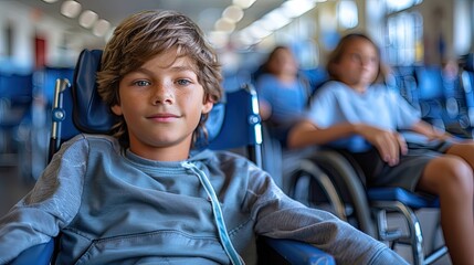 Portrait of a cute disabled schoolboy in a wheelchair studying in elementary school