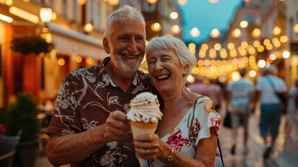 Senior couple laughing while enjoying ice cream on a city street